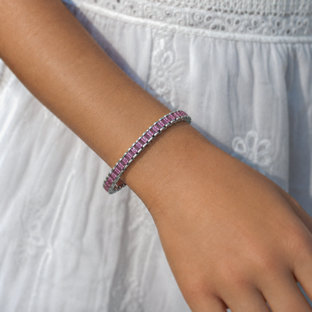 Children's Sterling Silver Pink Cubic Zirconia Brickwork Bracelet