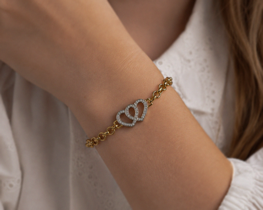 9ct Yellow Gold Cubic Zirconia Double Heart Children's Bracelet