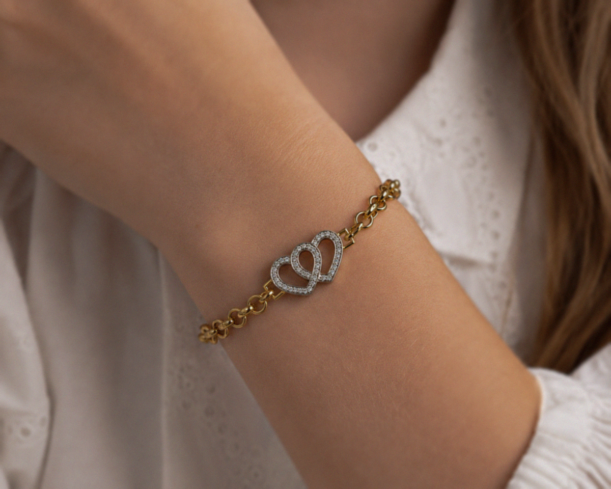 9ct Yellow Gold Cubic Zirconia Double Heart Children's Bracelet