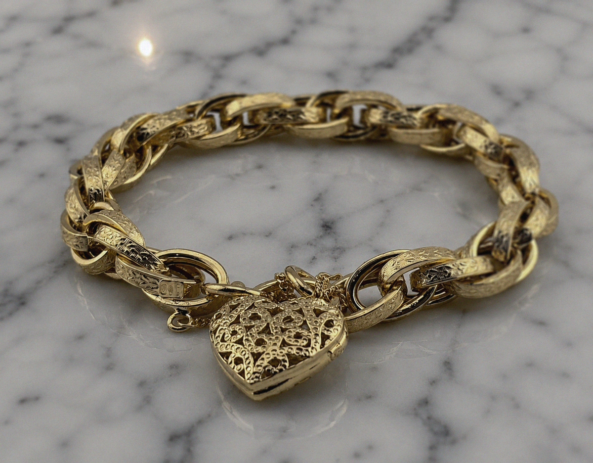 Solid 9ct Yellow Gold Prince of Wales Bracelet with Filigree Heart Padlock – 19.5g