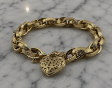 Solid 9ct Yellow Gold Prince of Wales Bracelet with Filigree Heart Padlock – 19.5g
