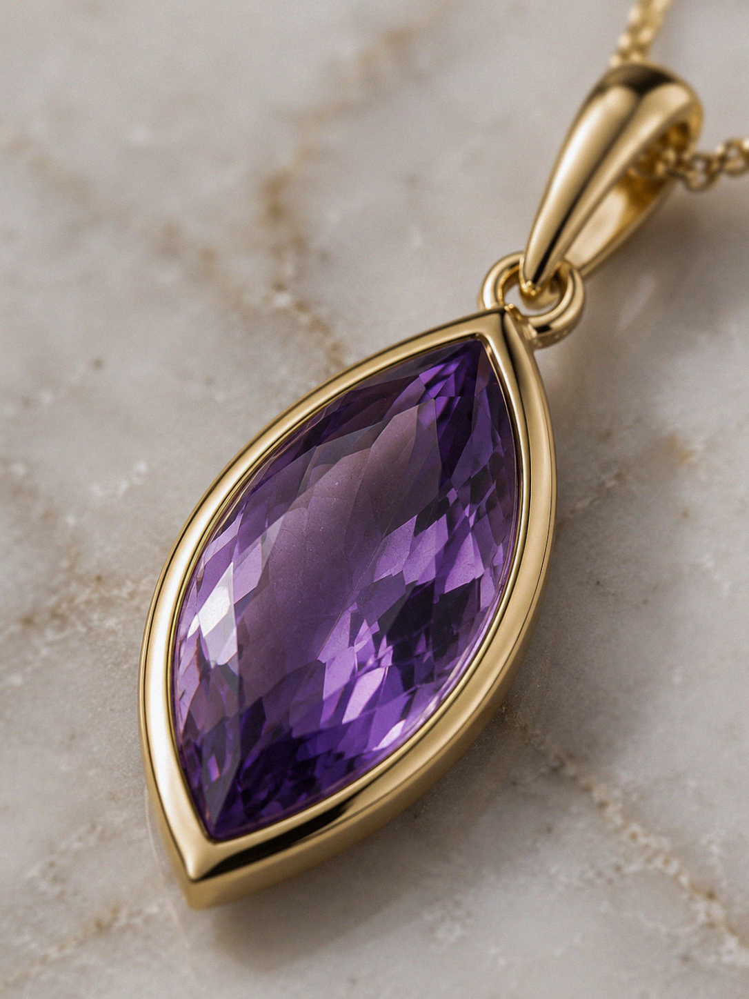 9ct Yellow Gold Flame Cut Amethyst Pendant Necklace