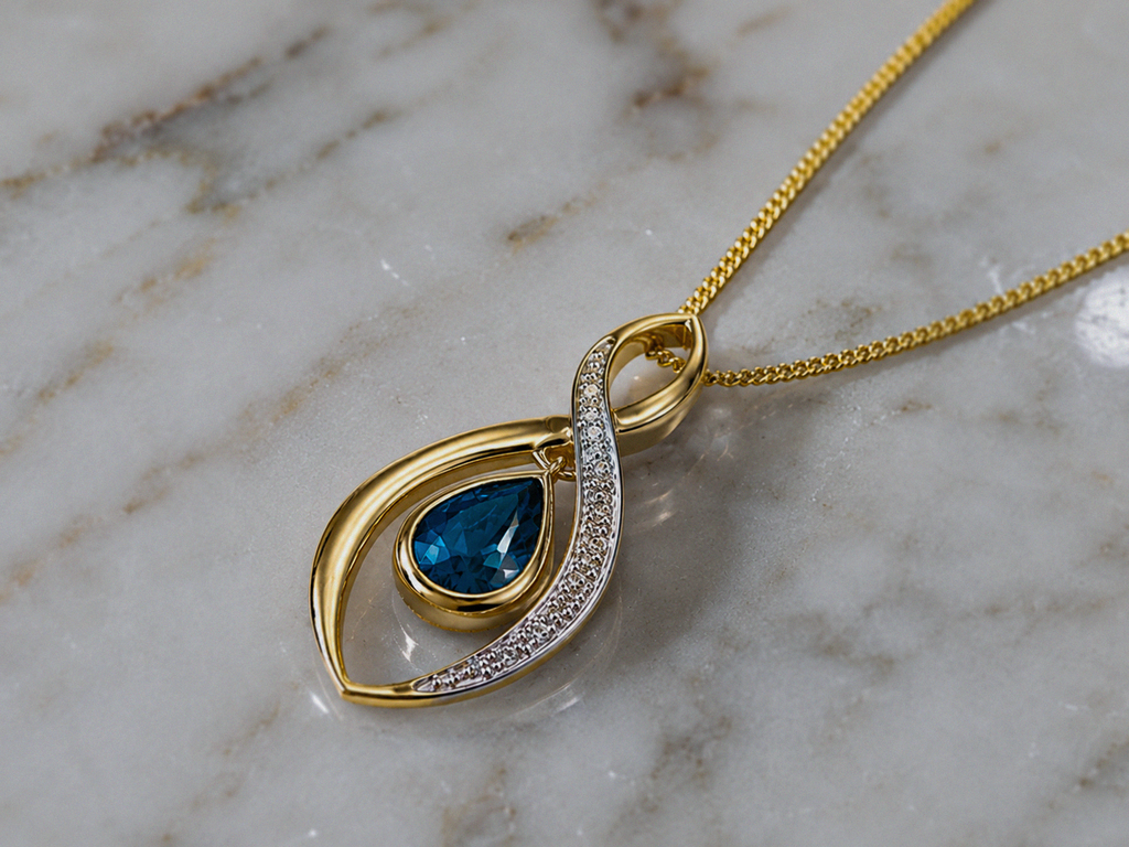9ct Yellow Gold London Blue Topaz & Diamond Pendant Necklace