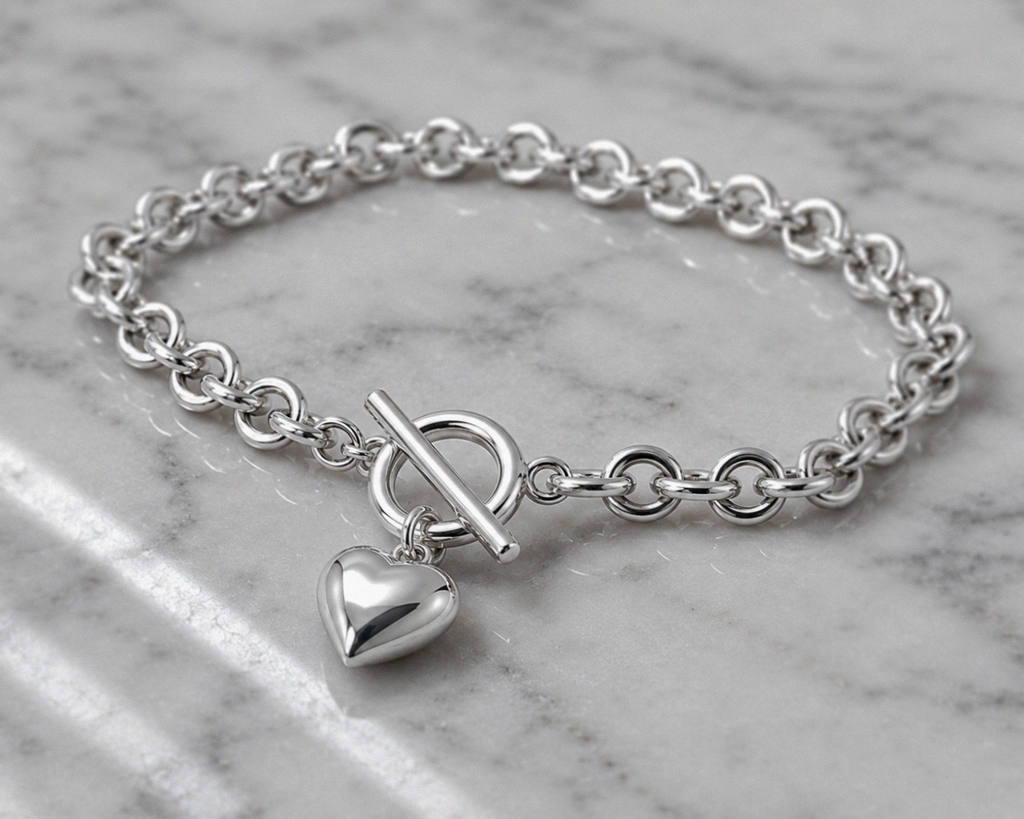 Sterling Silver Puff Heart T-Bar Chain Bracelet