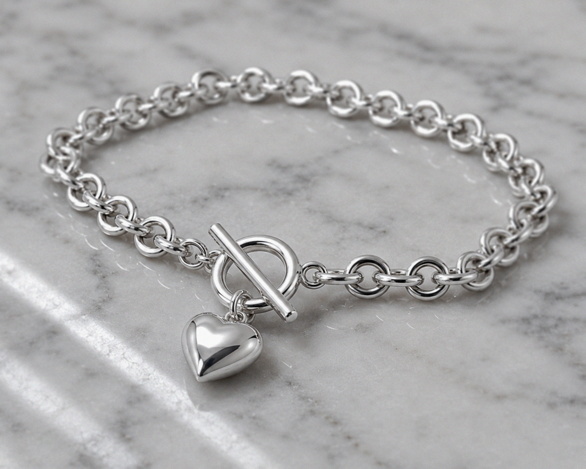 Sterling Silver Puff Heart T-Bar Chain Bracelet
