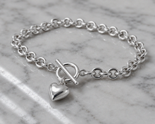 Sterling Silver Puff Heart T-Bar Chain Bracelet