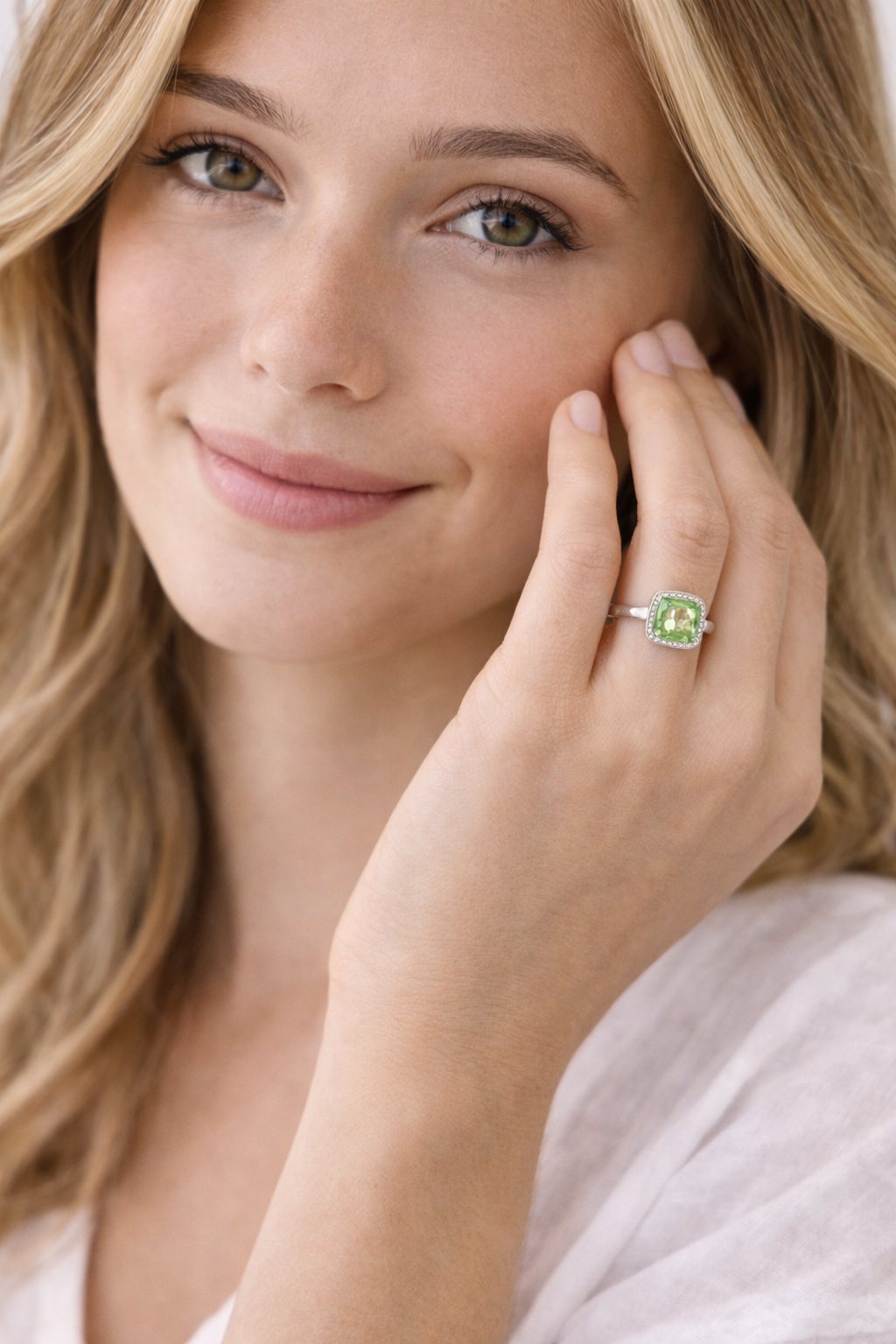 9ct White Gold Cushion-Cut Peridot & Diamond Halo Ring