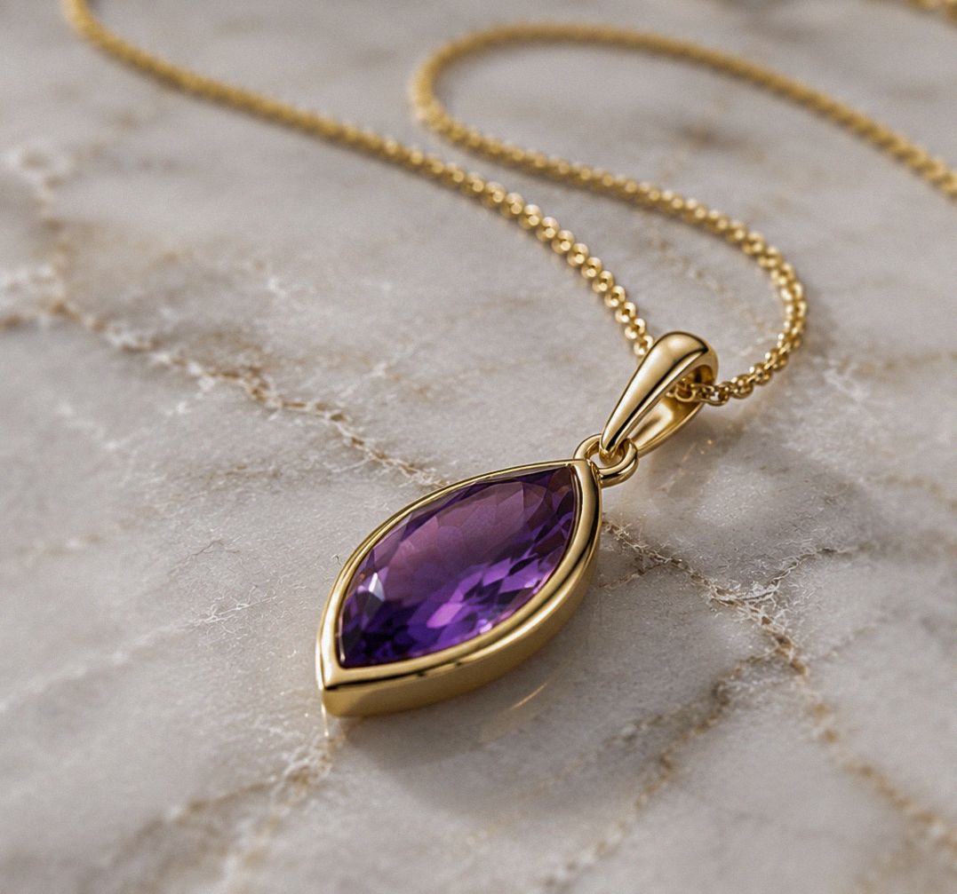 9ct Yellow Gold Flame Cut Amethyst Pendant Necklace