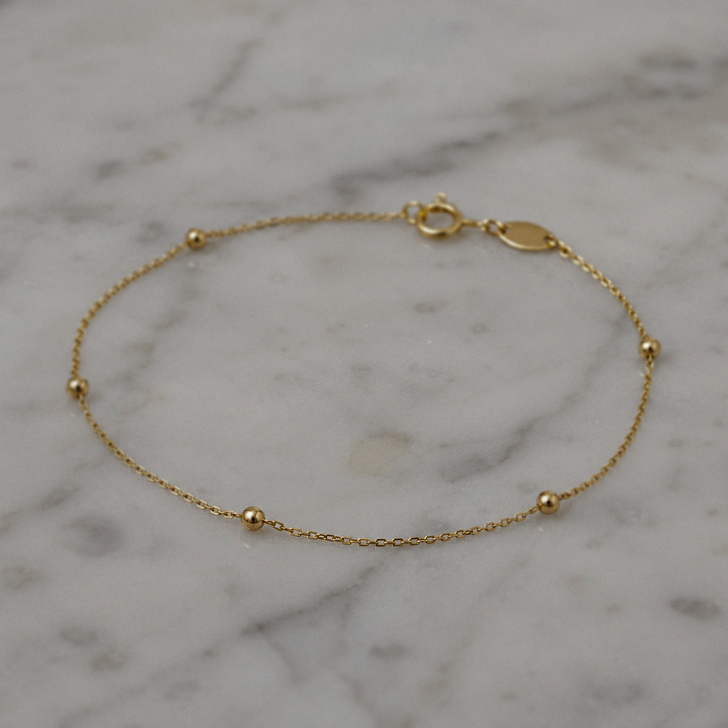 9ct Gold Ball Station Charm Bracelet - 2mm