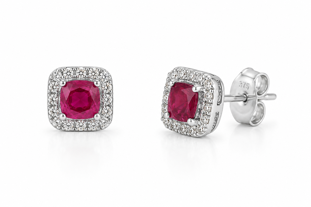 Cushion Cut Ruby & Diamond Halo Stud Earrings in 9ct White Gold