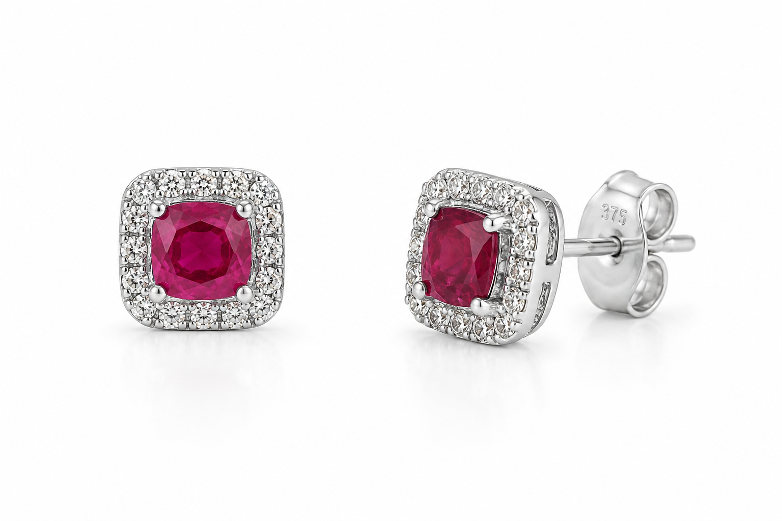 Cushion Cut Ruby & Diamond Halo Stud Earrings in 9ct White Gold