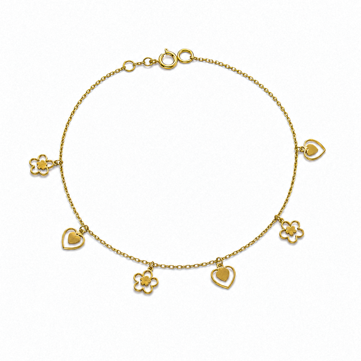9ct Gold Heart & Flower Charm Bracelet - Delicate Charm Bracelet in Yellow Gold.