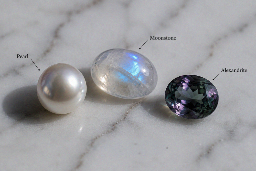 June birthstones Pearl Moonstone and Alexandrite
