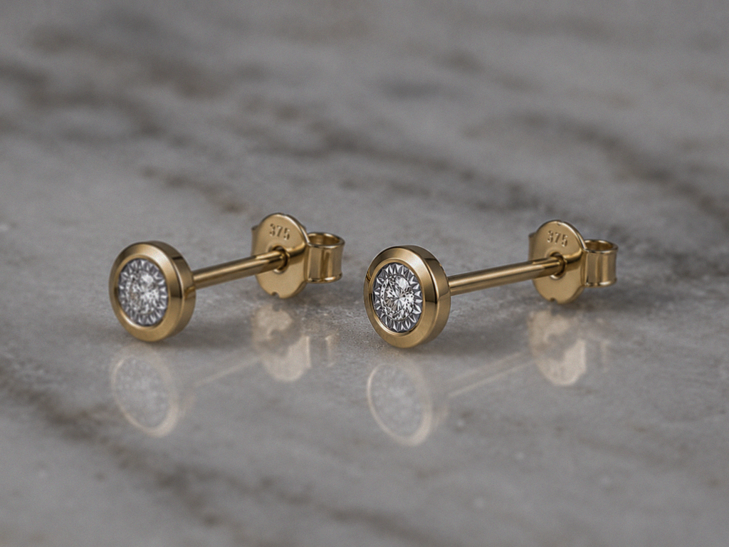 9ct Yellow Gold Bezel Set Diamond Stud Earrings