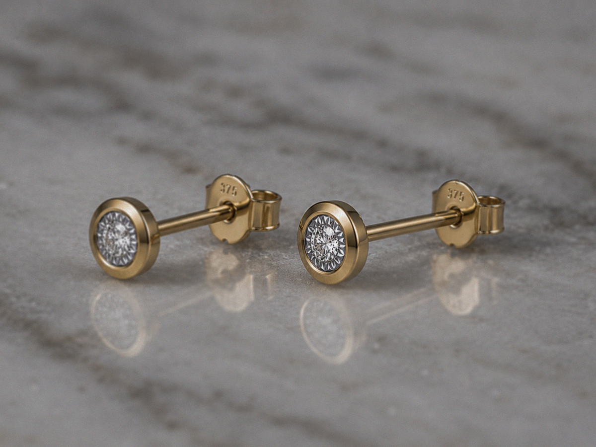 9ct Yellow Gold Bezel Set Diamond Stud Earrings