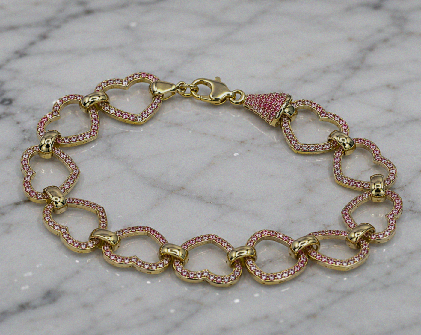 9ct Yellow Gold Pink Cubic Zirconia Heart Belcher Bracelet 7.5 Inch