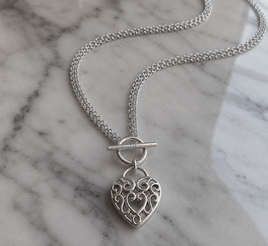 Large Filigree Heart Double Chain T-Bar Necklace in Sterling Silver