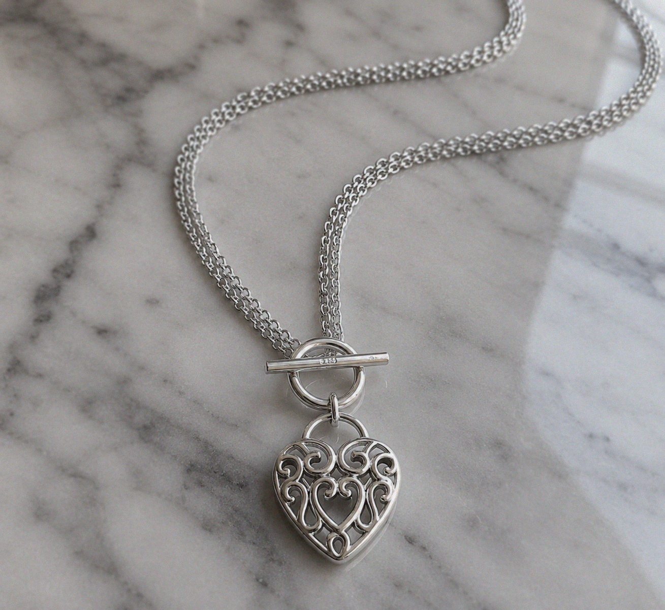 Large Filigree Heart Double Chain T-Bar Necklace in Sterling Silver