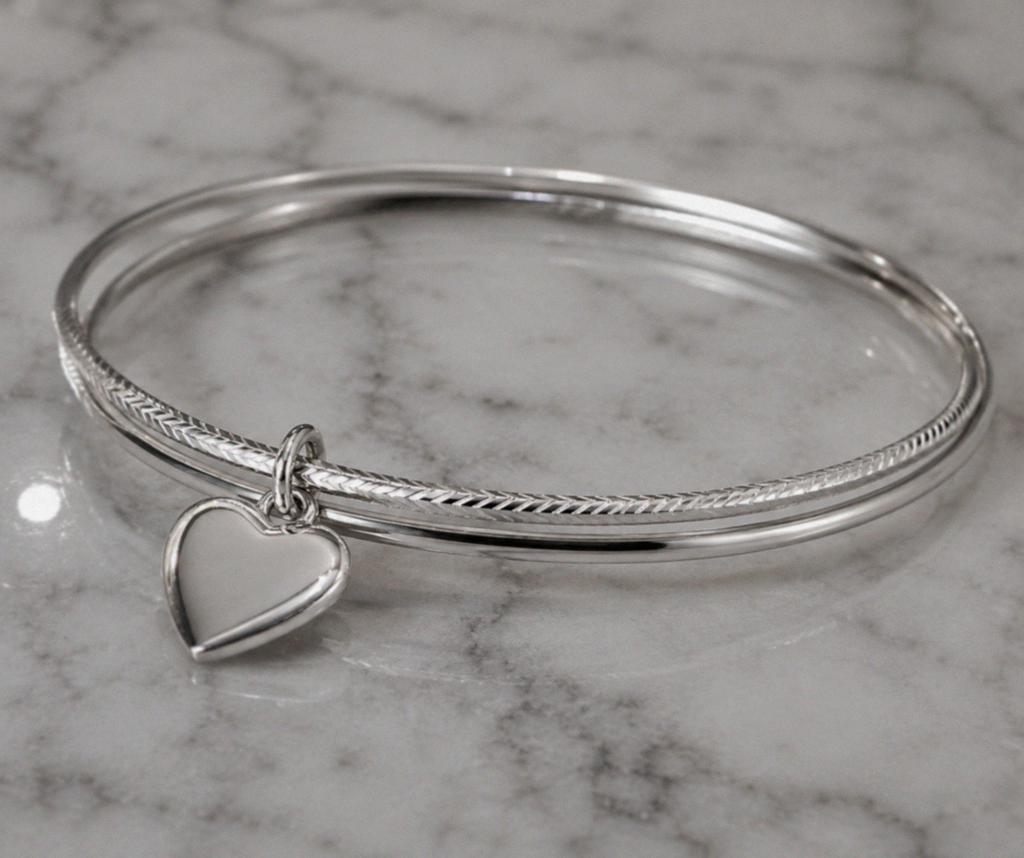 Sterling Silver Diamond-Cut Double Bangle with Heart Charm