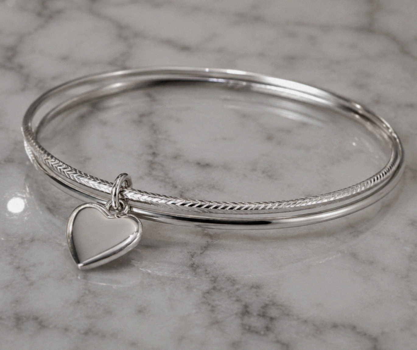Sterling Silver Diamond-Cut Double Bangle with Heart Charm