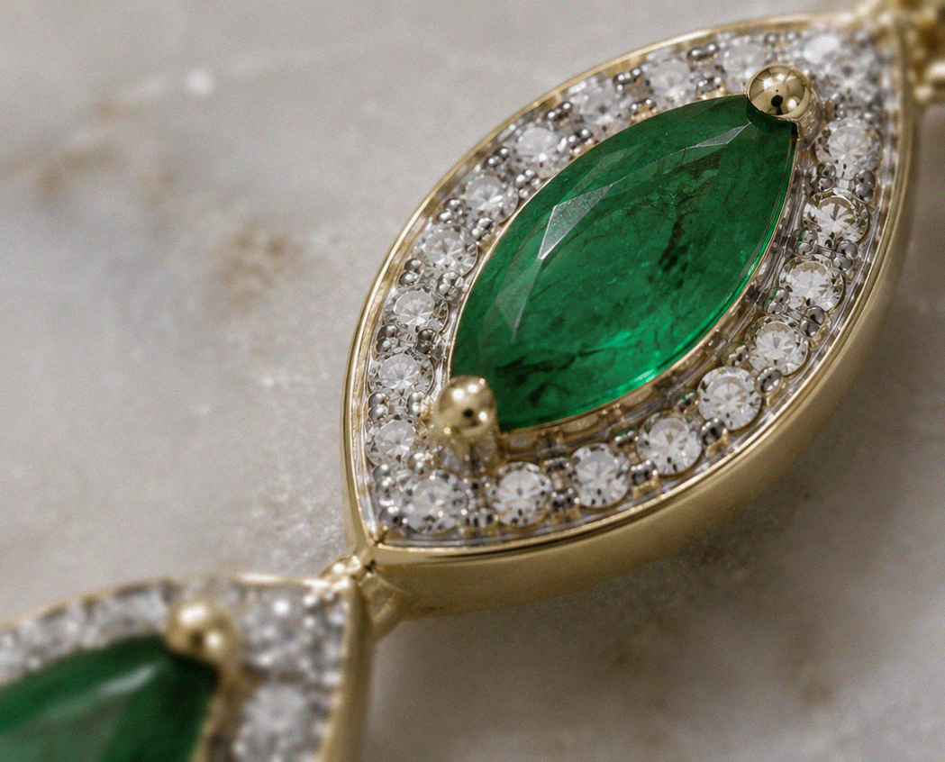 Marquise Double Drop Emerald & Diamond Earrings in 9ct Yellow Gold