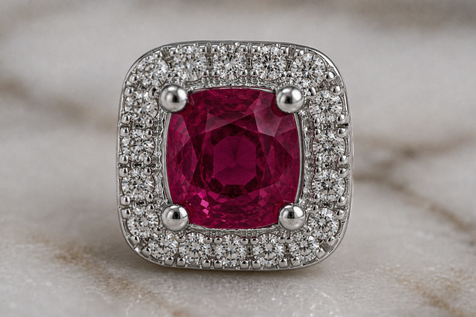 Cushion Cut Ruby & Diamond Halo Stud Earrings in 9ct White Gold
