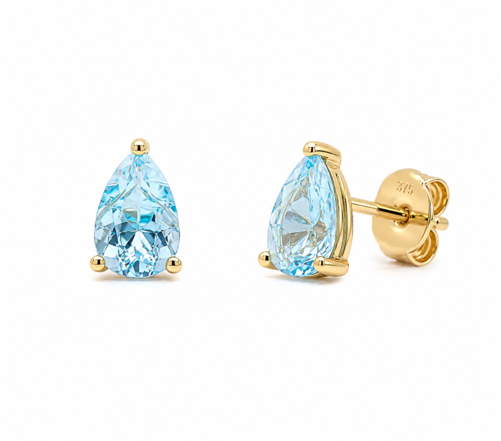 9ct Yellow Gold Pear Cut Blue Topaz Stud Earrings