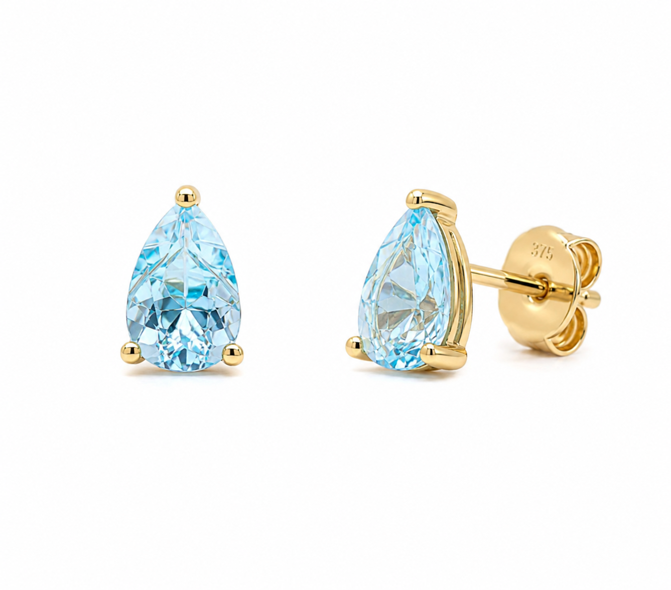 9ct Yellow Gold Pear Cut Blue Topaz Stud Earrings
