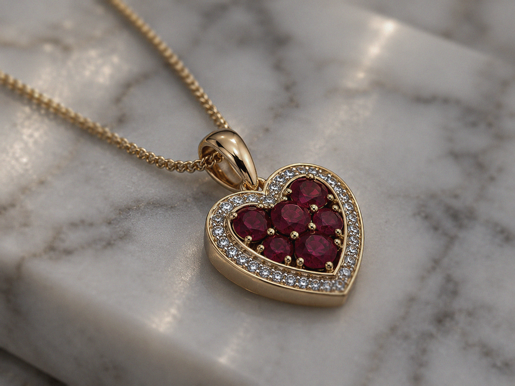 9ct Yellow Gold Ruby & Diamond Heart Pendant with Chain