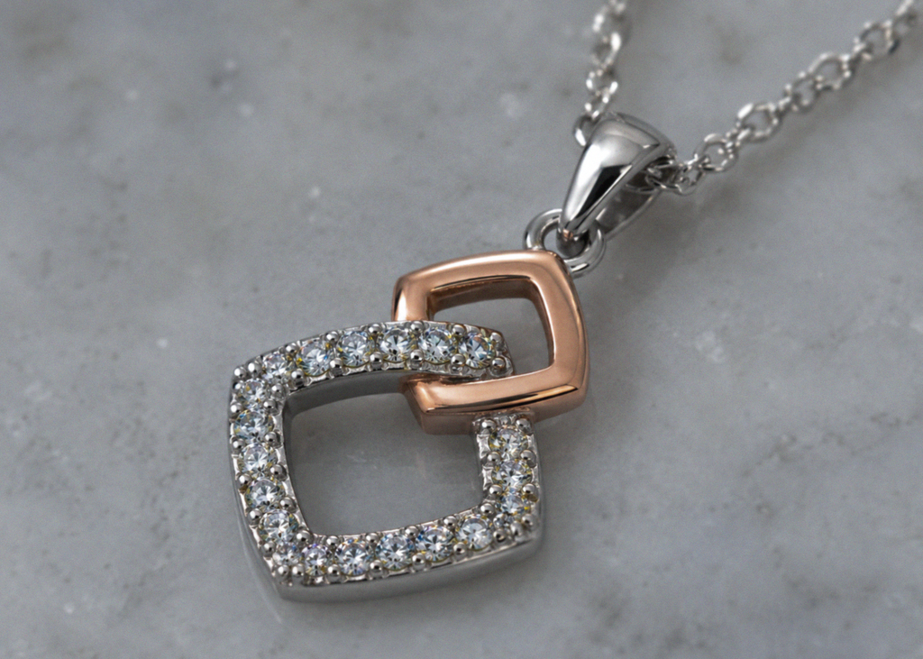 Sterling Silver Two-Tone Cubic Zirconia Square Pendant Necklace