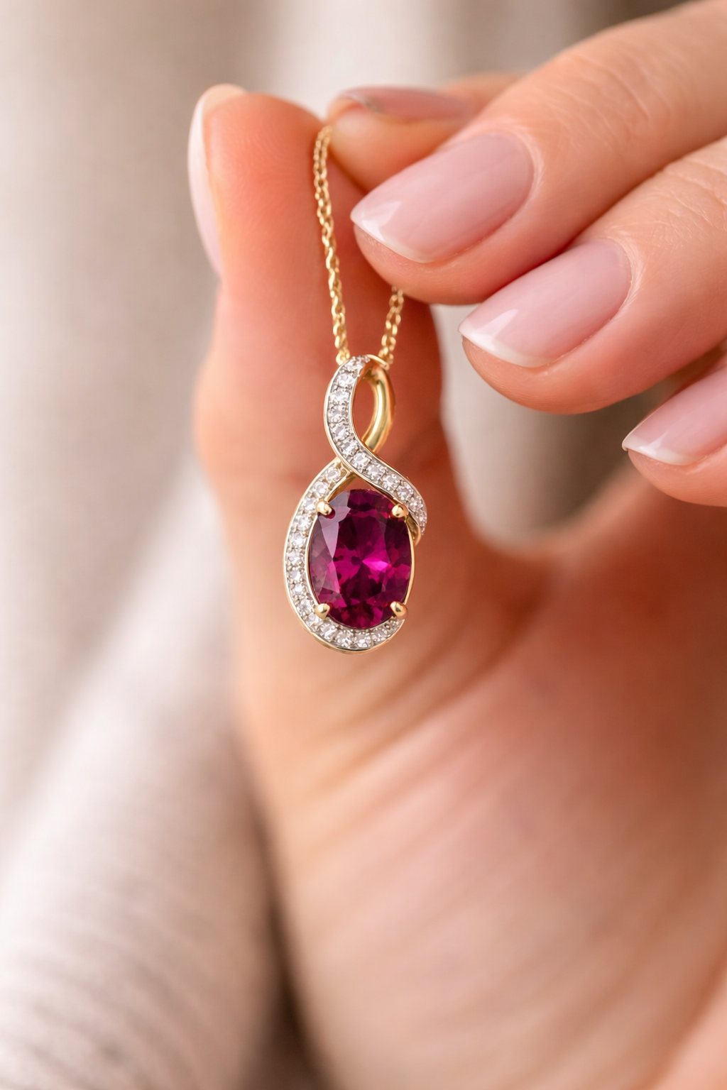 9ct Gold Garnet & Diamond Elegant Twist Necklace