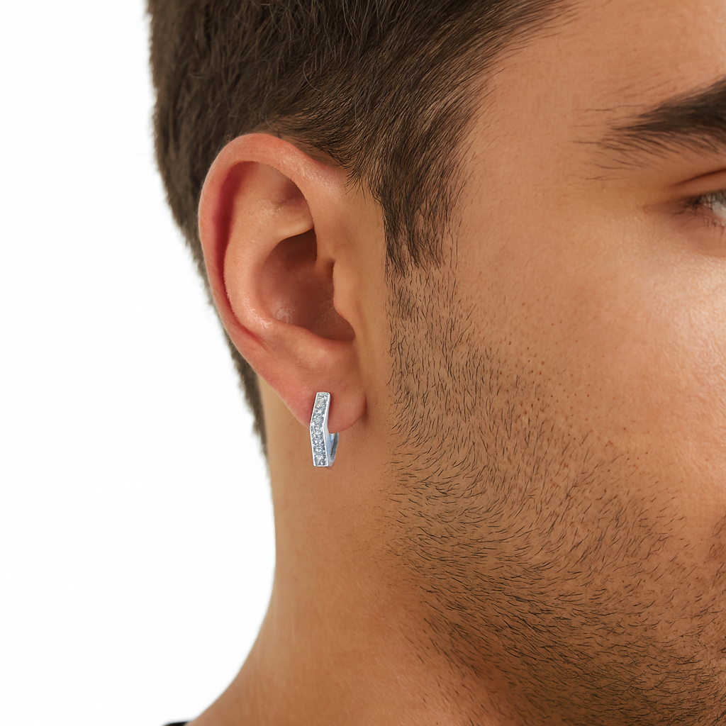 Silver CZ Hexagon Huggie Earrings – Rhodium Plated - PRE ORDER