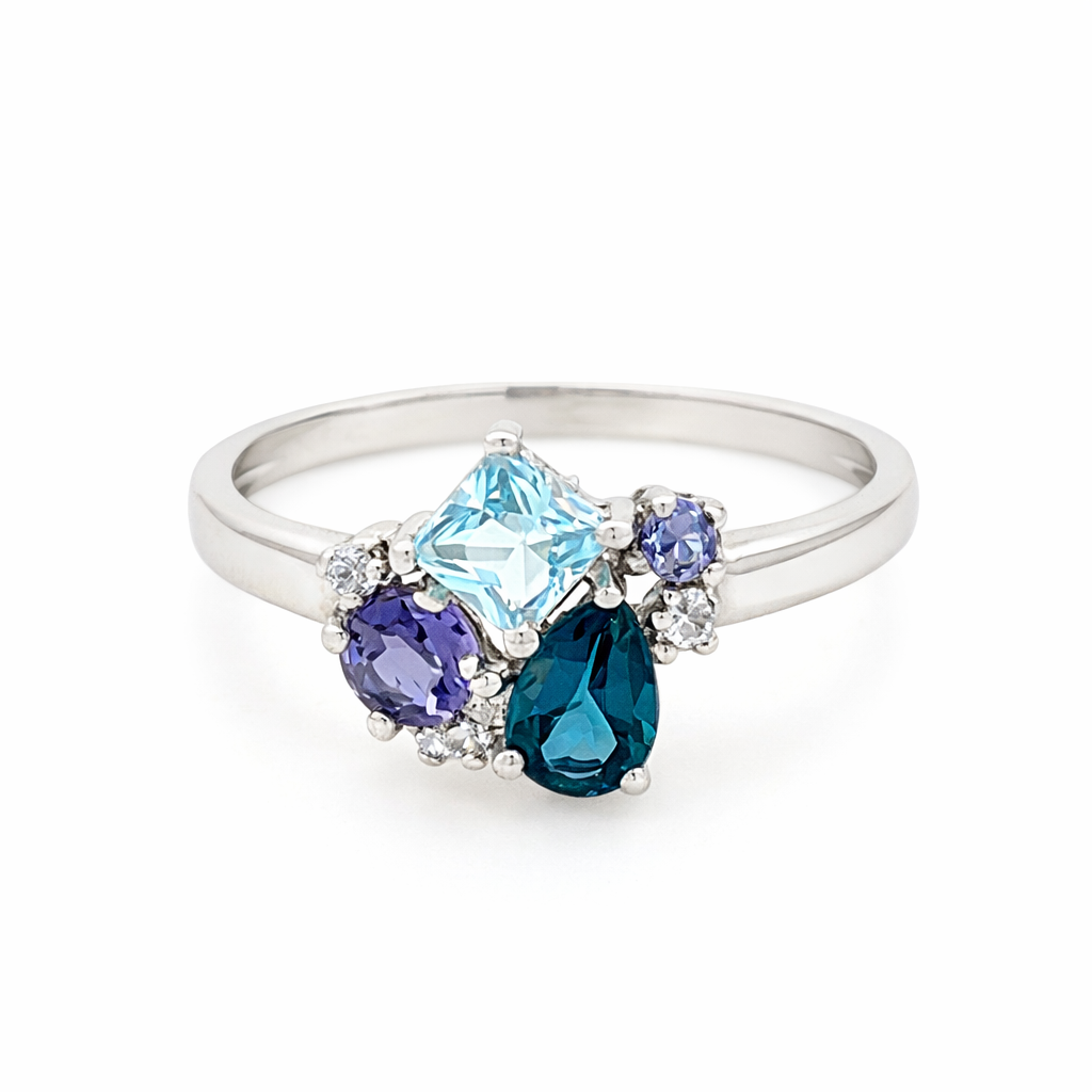 9ct White Gold Blue Topaz, Iolite & Diamond Cluster Ring