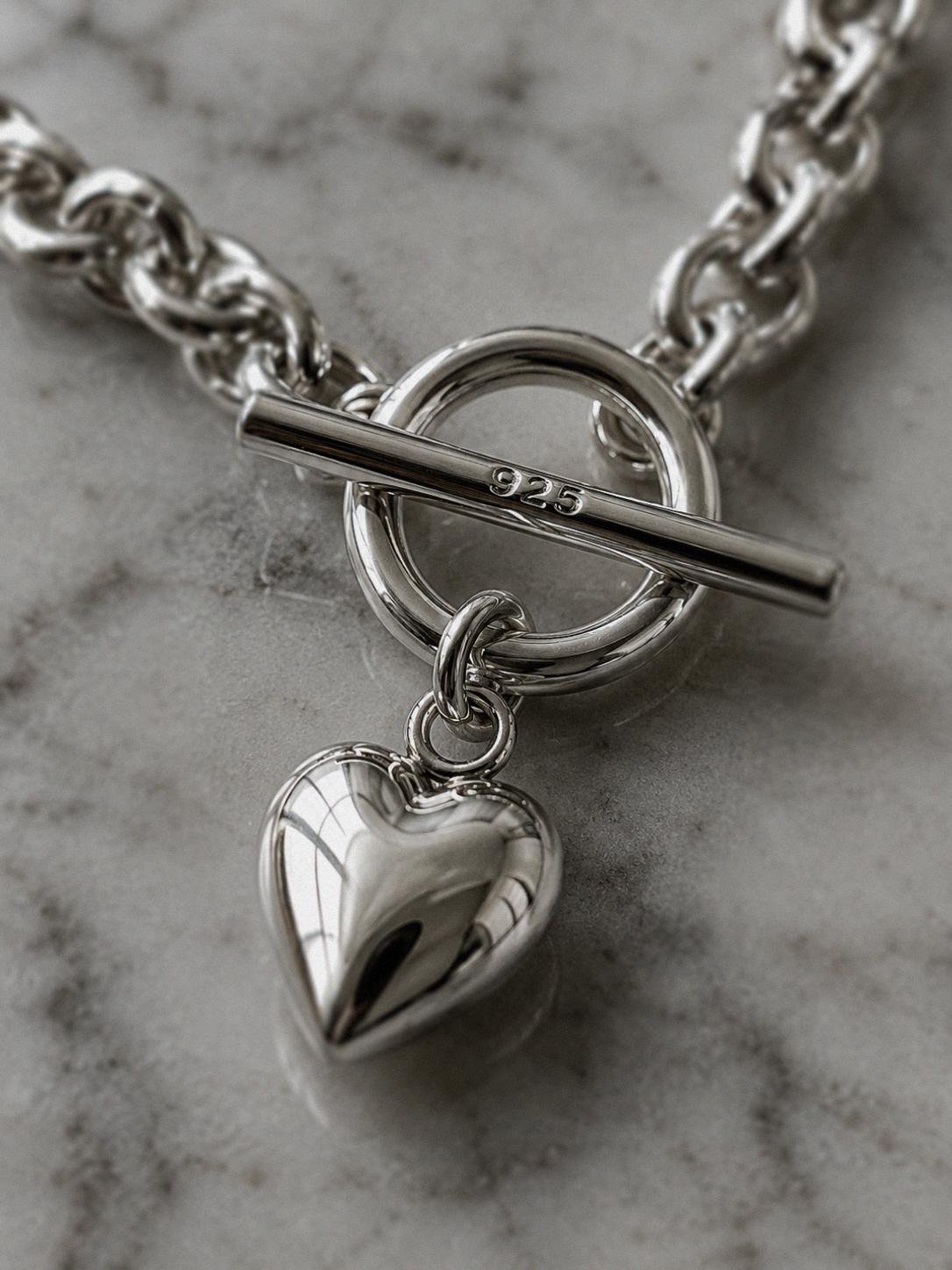 Sterling Silver Puff Heart T-Bar Chain Necklace