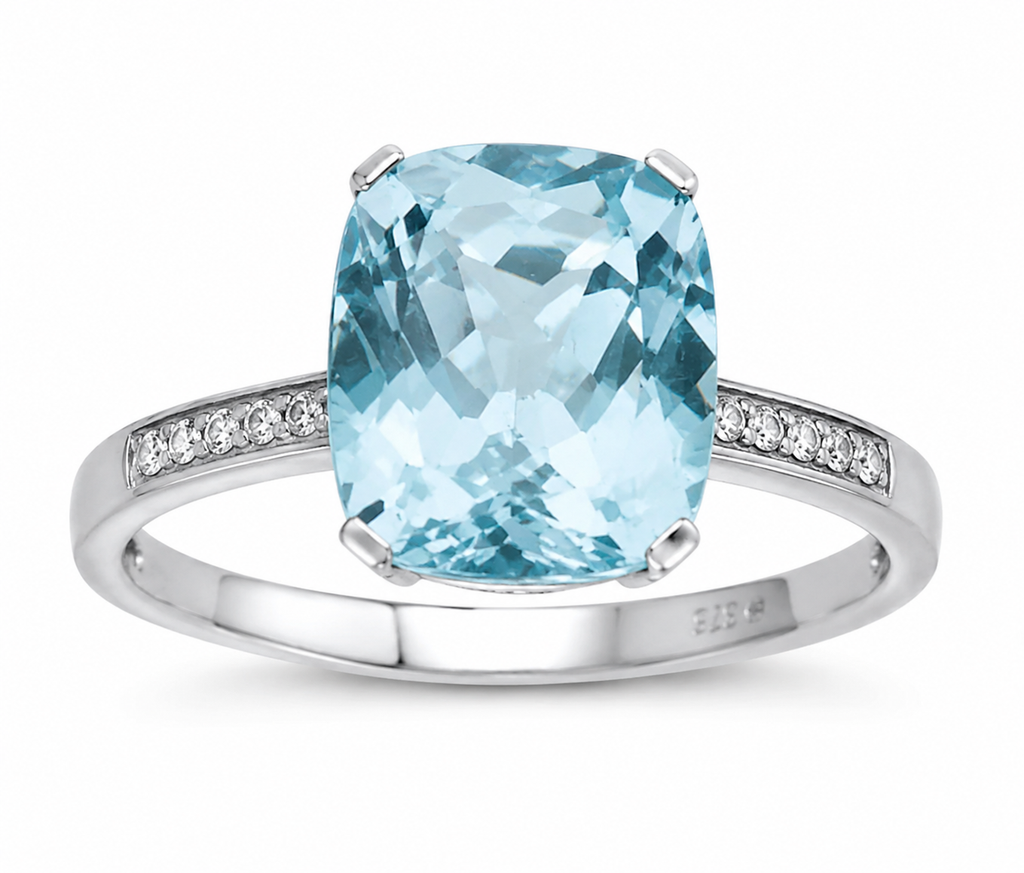9ct White Gold Cushion-Cut Blue Topaz & Diamond Statement Ring
