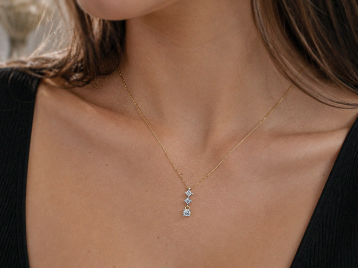 9ct Yellow Gold Diamond Trilogy Drop Pendant Necklace (0.10ct)
