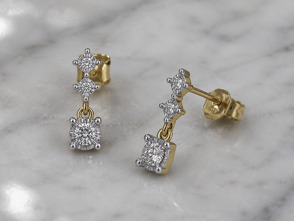 9ct Yellow Gold Diamond Trilogy Drop Earrings (0.20ct Total)