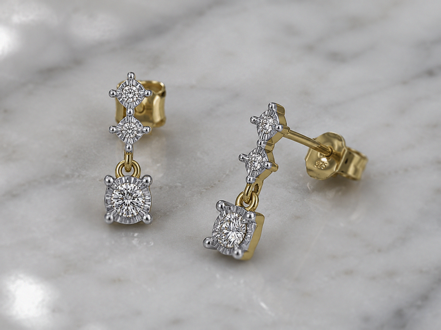 9ct Yellow Gold Diamond Trilogy Drop Earrings (0.20ct Total)
