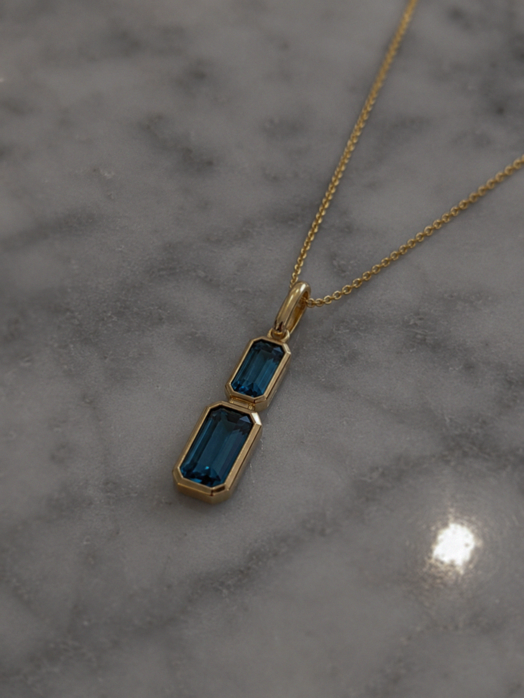 9ct Yellow Gold London Blue Topaz Drop Necklace - Emerald Cut Double Stone (45cm)