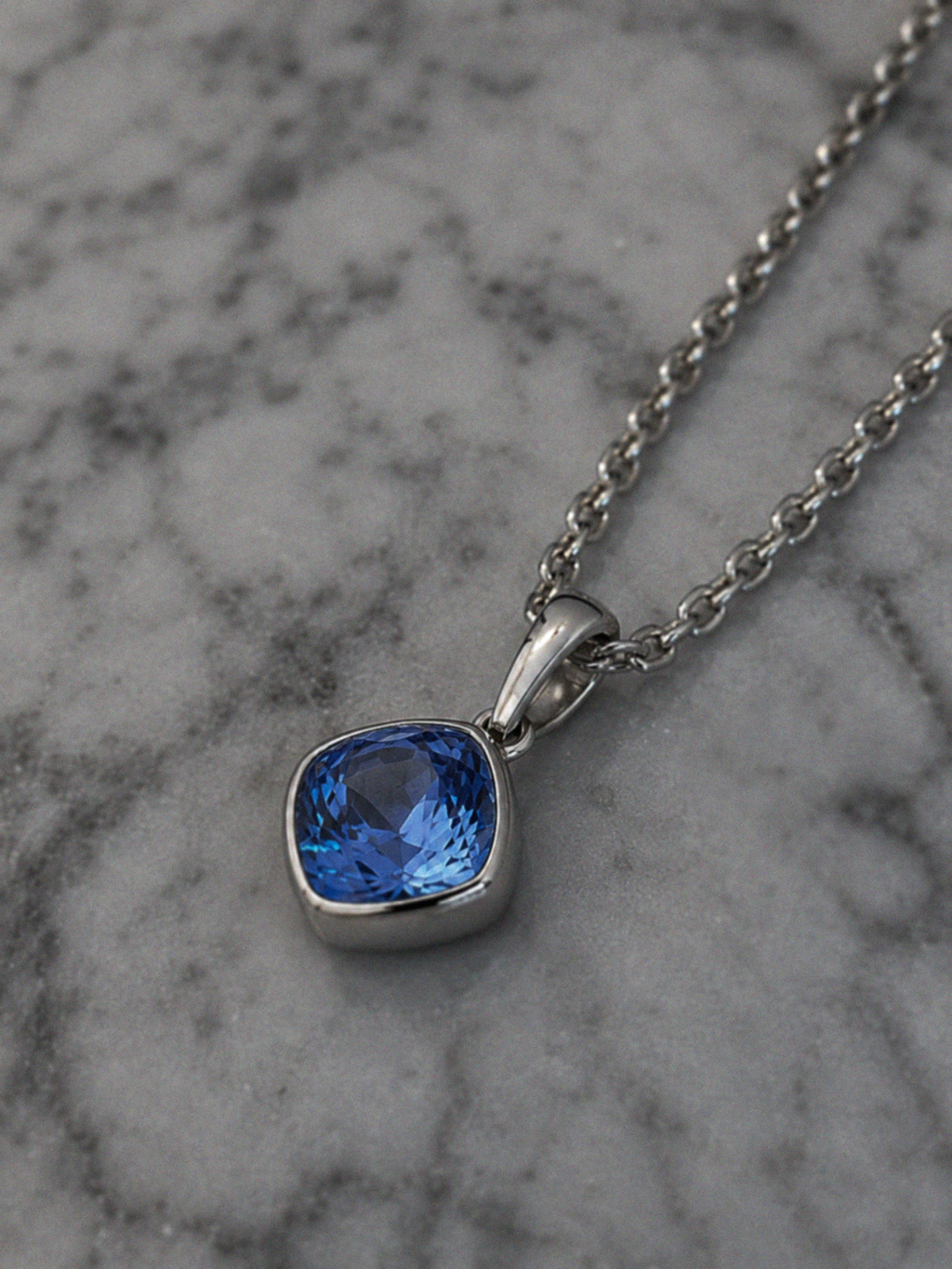 Sterling Silver Cushion Cut Sapphire Crystal Necklace - 51cm