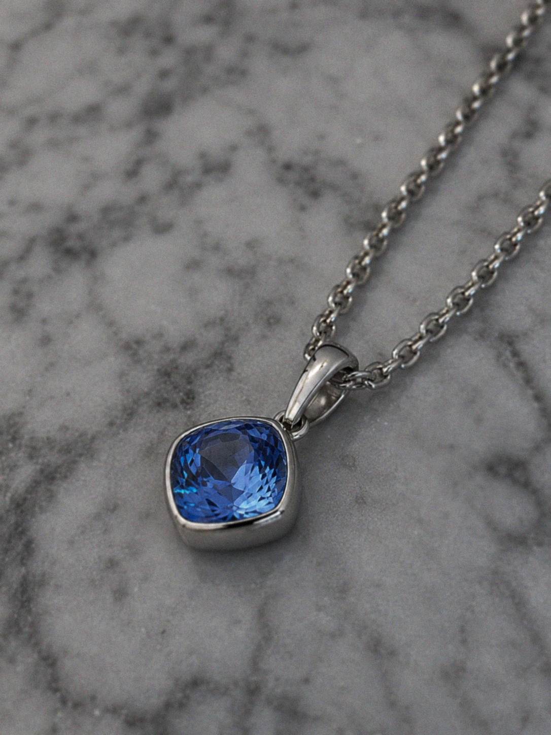 Sterling Silver Cushion Cut Sapphire Crystal Necklace - 51cm