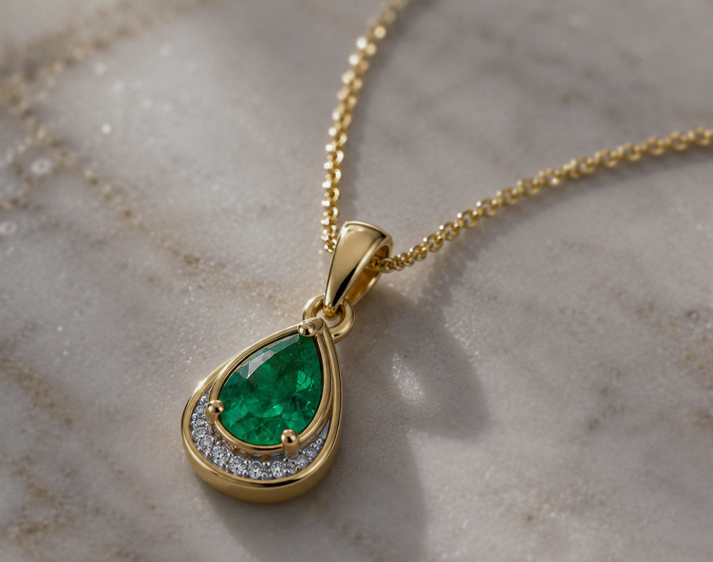 Teardrop Emerald & Diamond Pendant Necklace in 9ct Gold