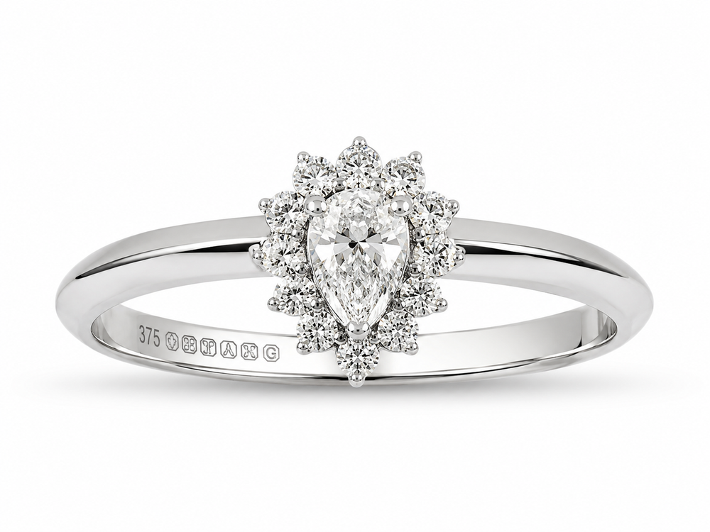 9ct White Gold 0.35ct Pear-Cut Flower Halo Diamond Engagement Ring