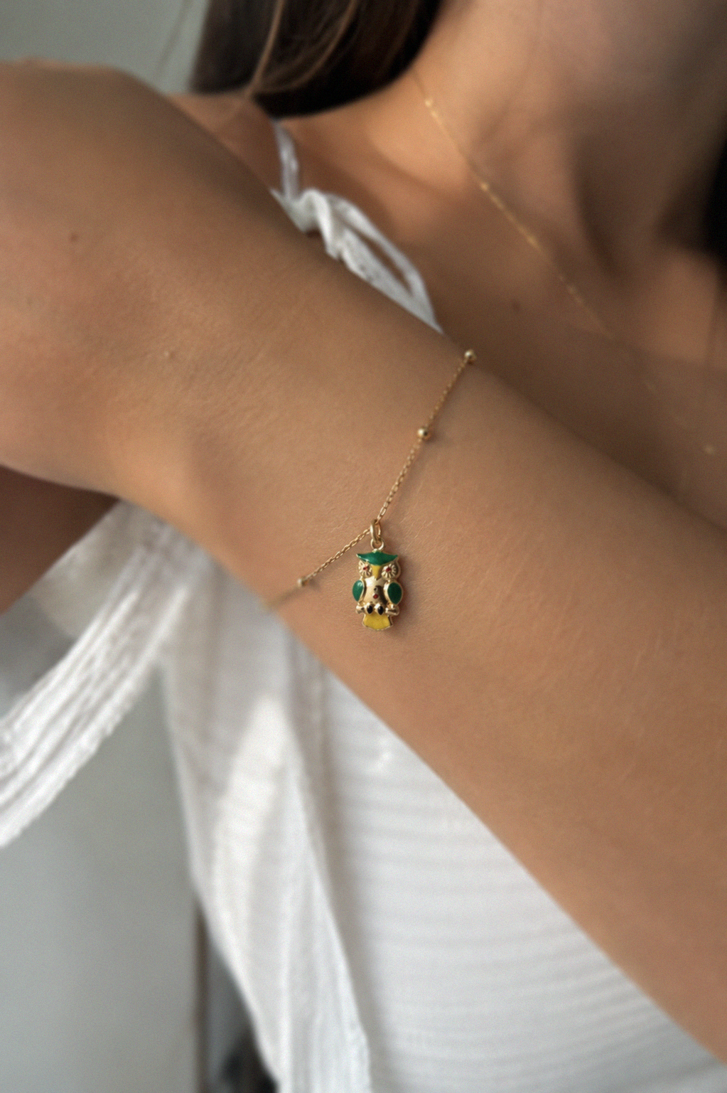 9ct Yellow Gold Enamel Owl Pendant Charm