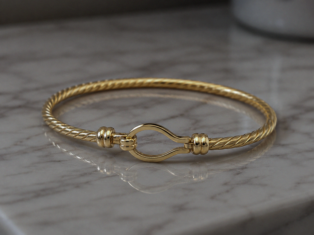 9ct Yellow Gold Plain Twisted Hook Bangle – 12.4g