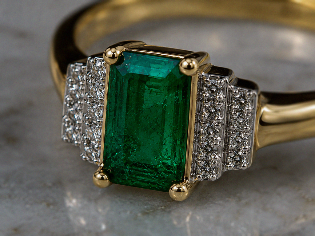9ct Yellow Gold Emerald & Diamond Art Deco Statement Ring