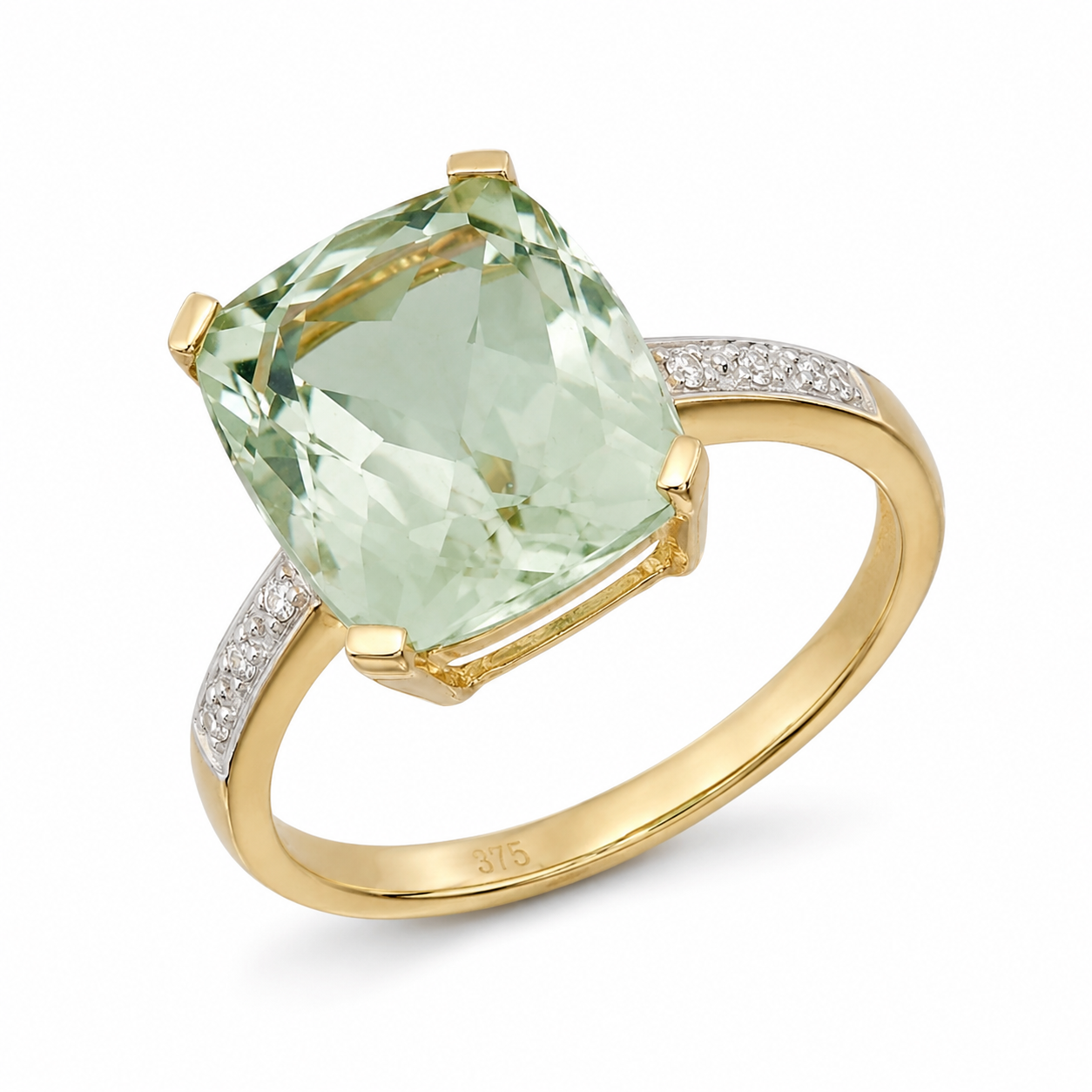 9ct Yellow Gold Green Amethyst & Diamond Shoulder Ring