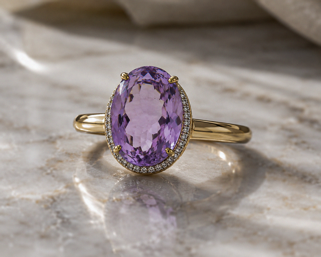 9ct Yellow Gold Irregular Amethyst Ring with Diamond Surround