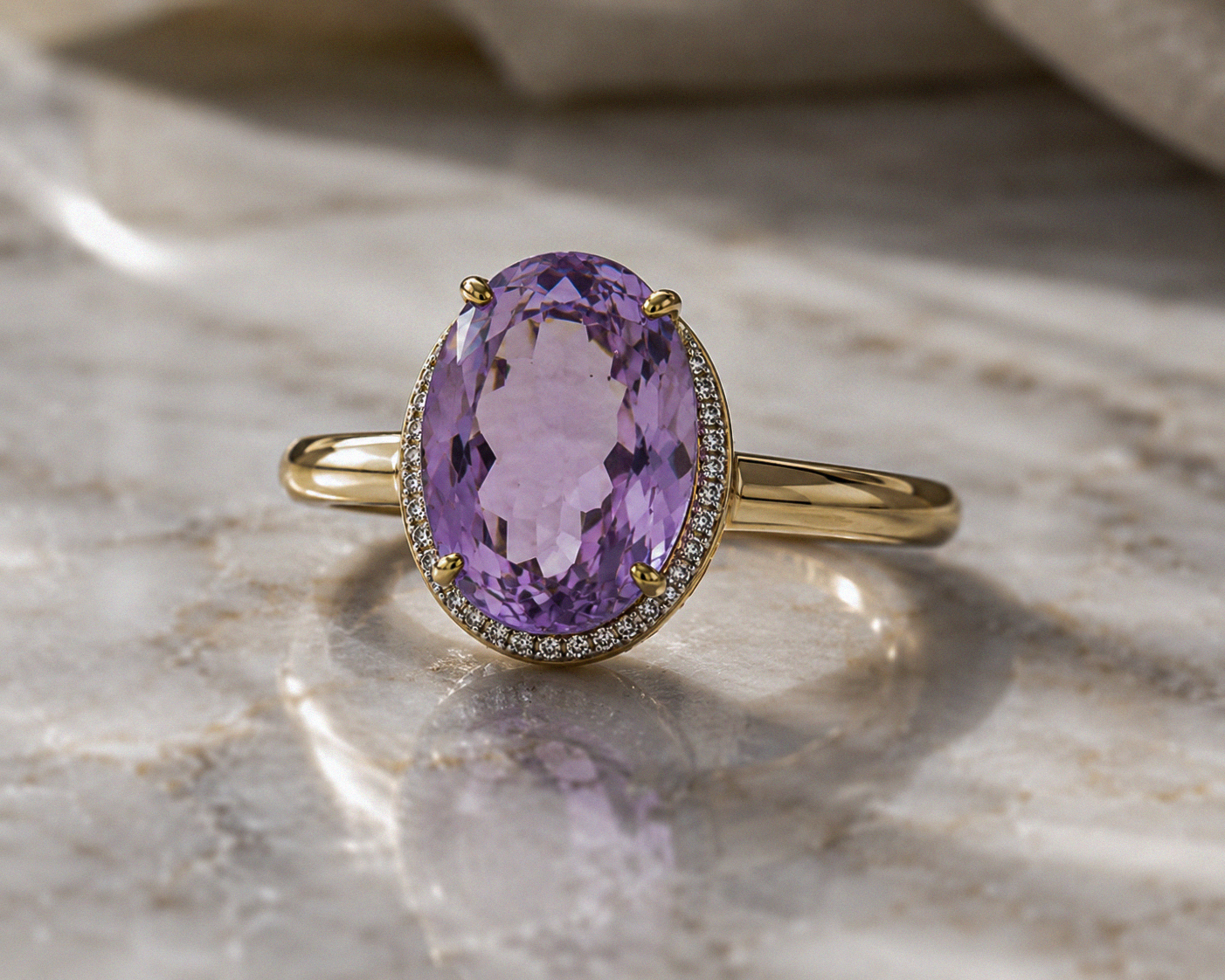 9ct Yellow Gold Irregular Amethyst Ring with Diamond Surround