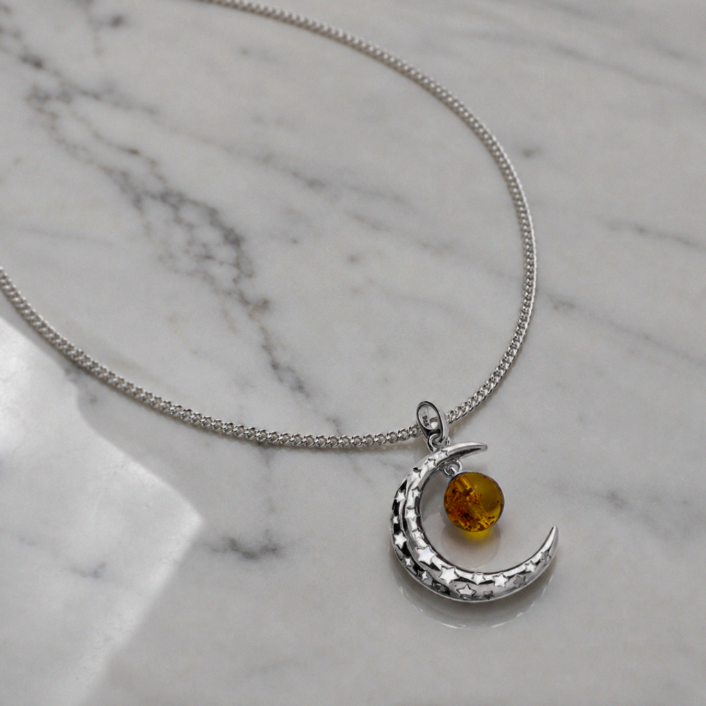 Sterling Silver Baltic Amber Crescent Moon Necklace